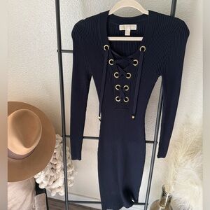 Michael Kors Long Sleeve Ribbed Lace Up Bodycon Dress